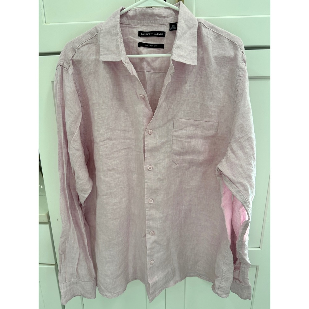 Saks Fifth Avenue Mens Light Pink 100% Linen Long Sleeve Button Up Shirt M